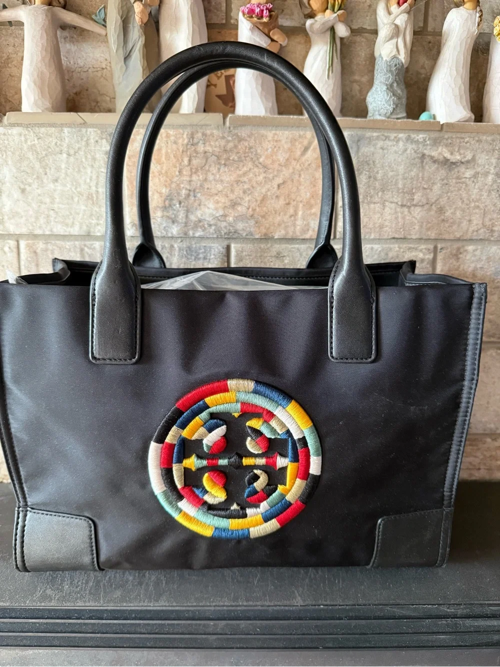 Tory Burch Black Tote Bag with Multicolor Embroidered Accent